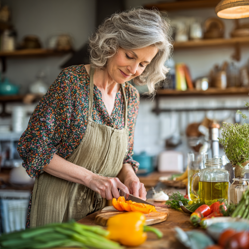 50 years old woman preparing fresh healthy meal in bright kitchen