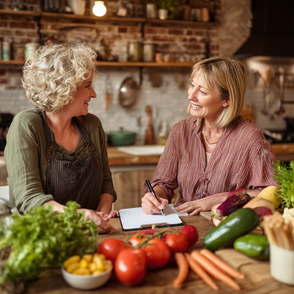 51 years old nutritionist consulting 50 years old woman about personalized meal planning
