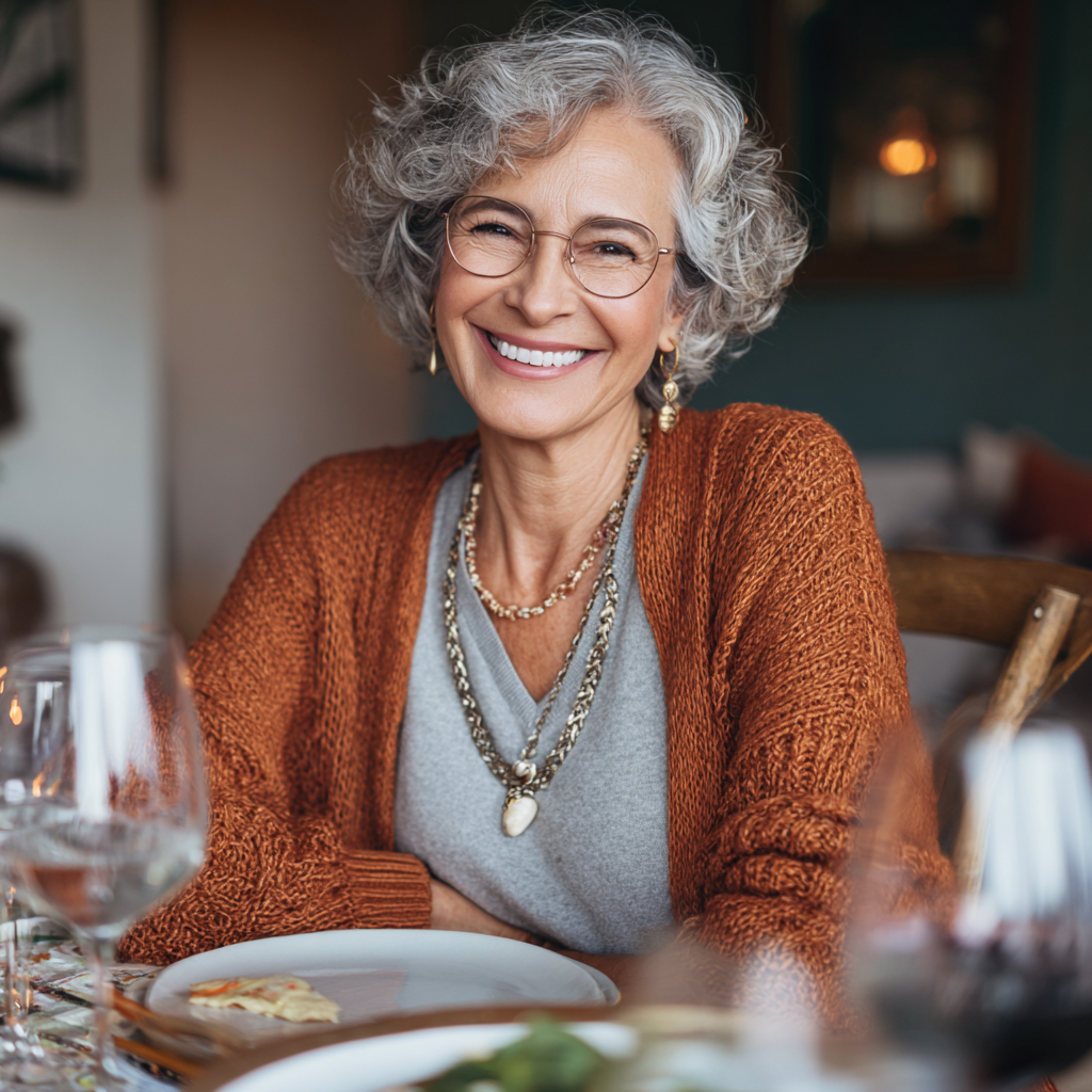 52 years old woman smiling after health dinner